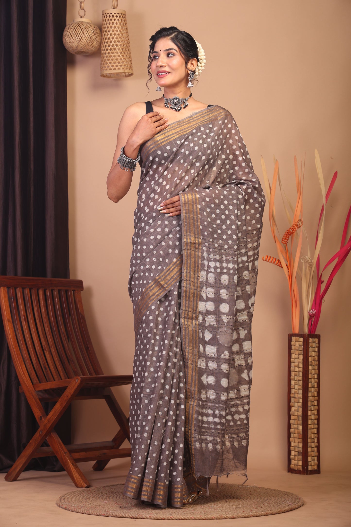 Anuttara Bhagalpuri Brown Cotton Silk Polka Dot Saree with Unstitched Blouse_AFS1154-FS