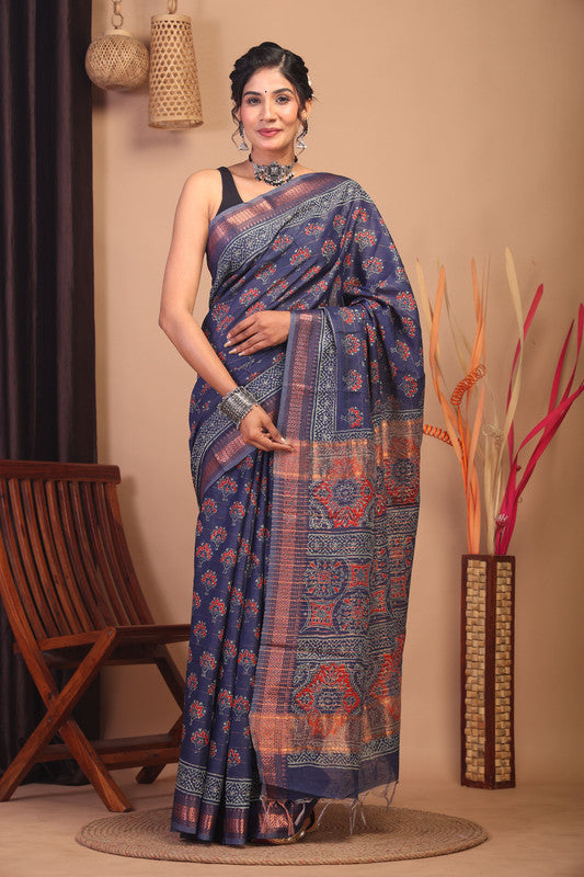 Anuttara Bhagalpuri Navy Blue Cotton Silk Floral Saree with Unstitched Blouse_AFS1155-FS