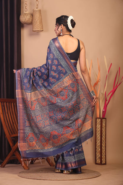 Anuttara Bhagalpuri Navy Blue Cotton Silk Floral Saree with Unstitched Blouse_AFS1155-FS