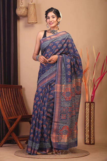 Anuttara Bhagalpuri Navy Blue Cotton Silk Floral Saree with Unstitched Blouse_AFS1155-FS