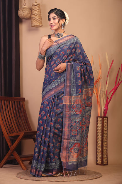 Anuttara Bhagalpuri Navy Blue Cotton Silk Floral Saree with Unstitched Blouse_AFS1155-FS
