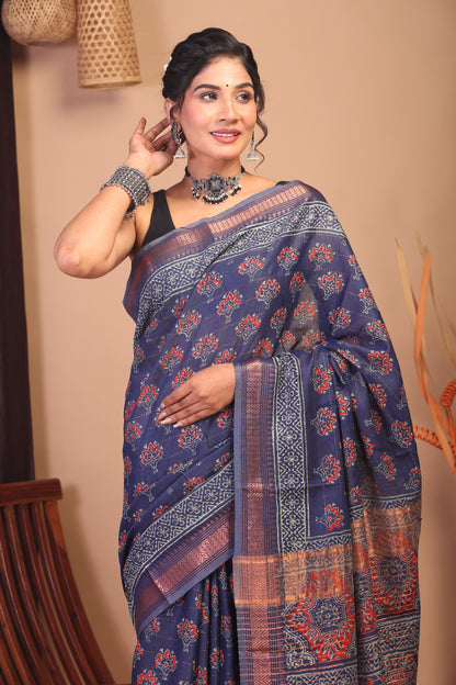 Anuttara Bhagalpuri Navy Blue Cotton Silk Floral Saree with Unstitched Blouse_AFS1155-FS
