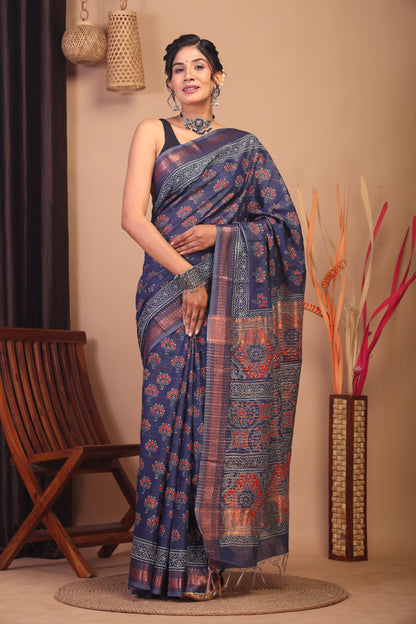 Anuttara Bhagalpuri Navy Blue Cotton Silk Floral Saree with Unstitched Blouse_AFS1155-FS