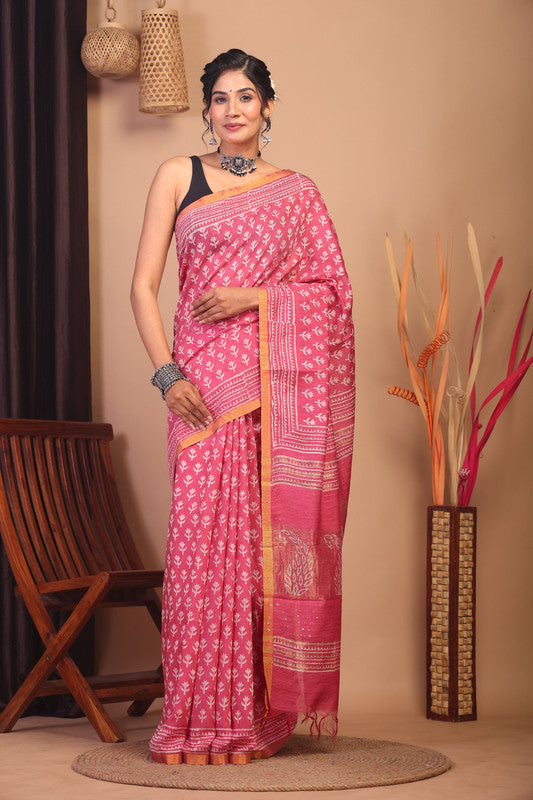 Anuttara Bhagalpuri Rouge Pink Cotton Silk Floral Saree with Unstitched Blouse_AFS1157-FS