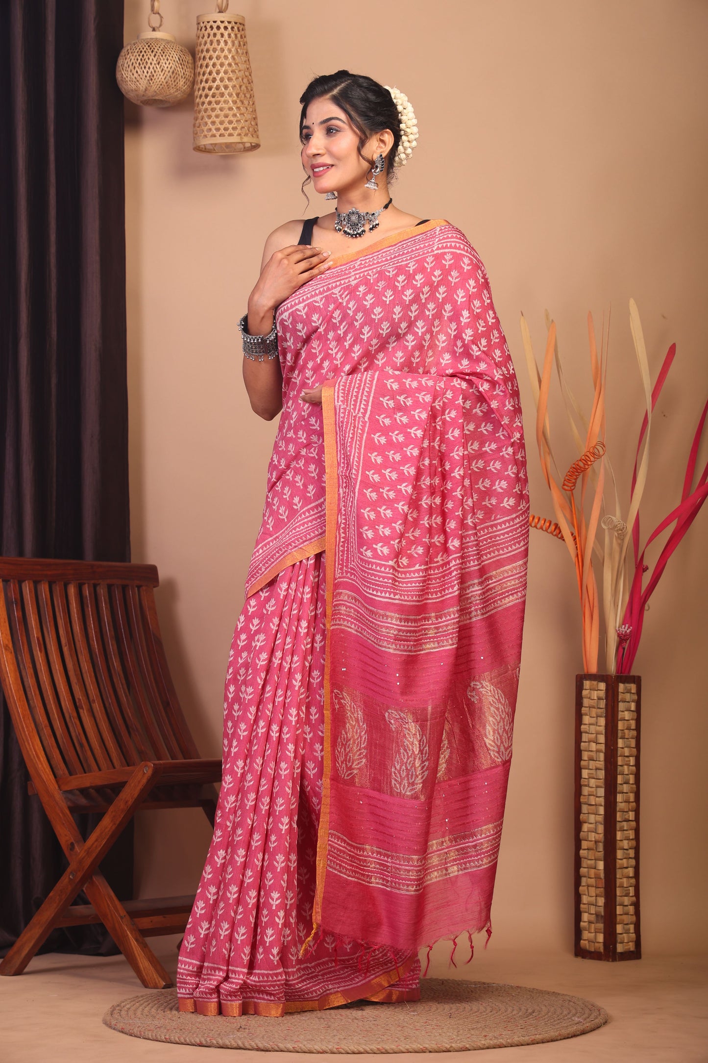 Anuttara Bhagalpuri Rouge Pink Cotton Silk Floral Saree with Unstitched Blouse_AFS1157-FS