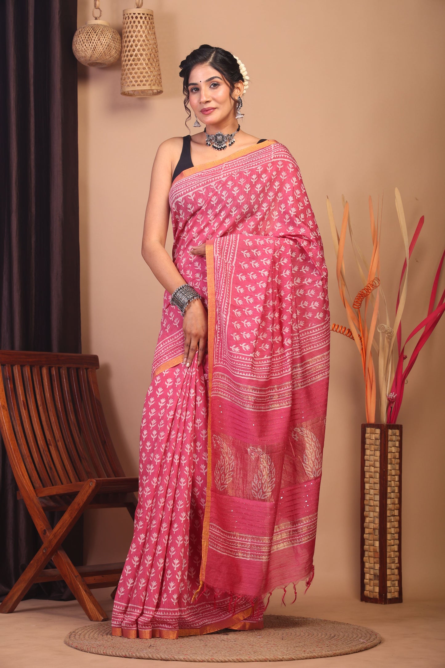 Anuttara Bhagalpuri Rouge Pink Cotton Silk Floral Saree with Unstitched Blouse_AFS1157-FS