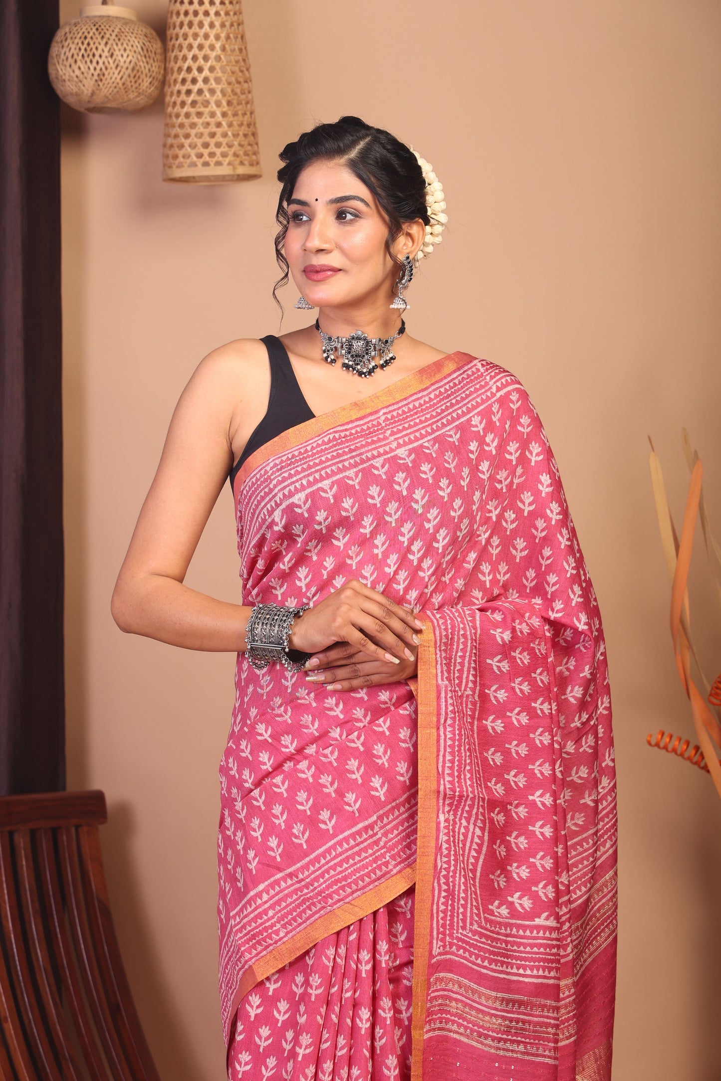 Anuttara Bhagalpuri Rouge Pink Cotton Silk Floral Saree with Unstitched Blouse_AFS1157-FS