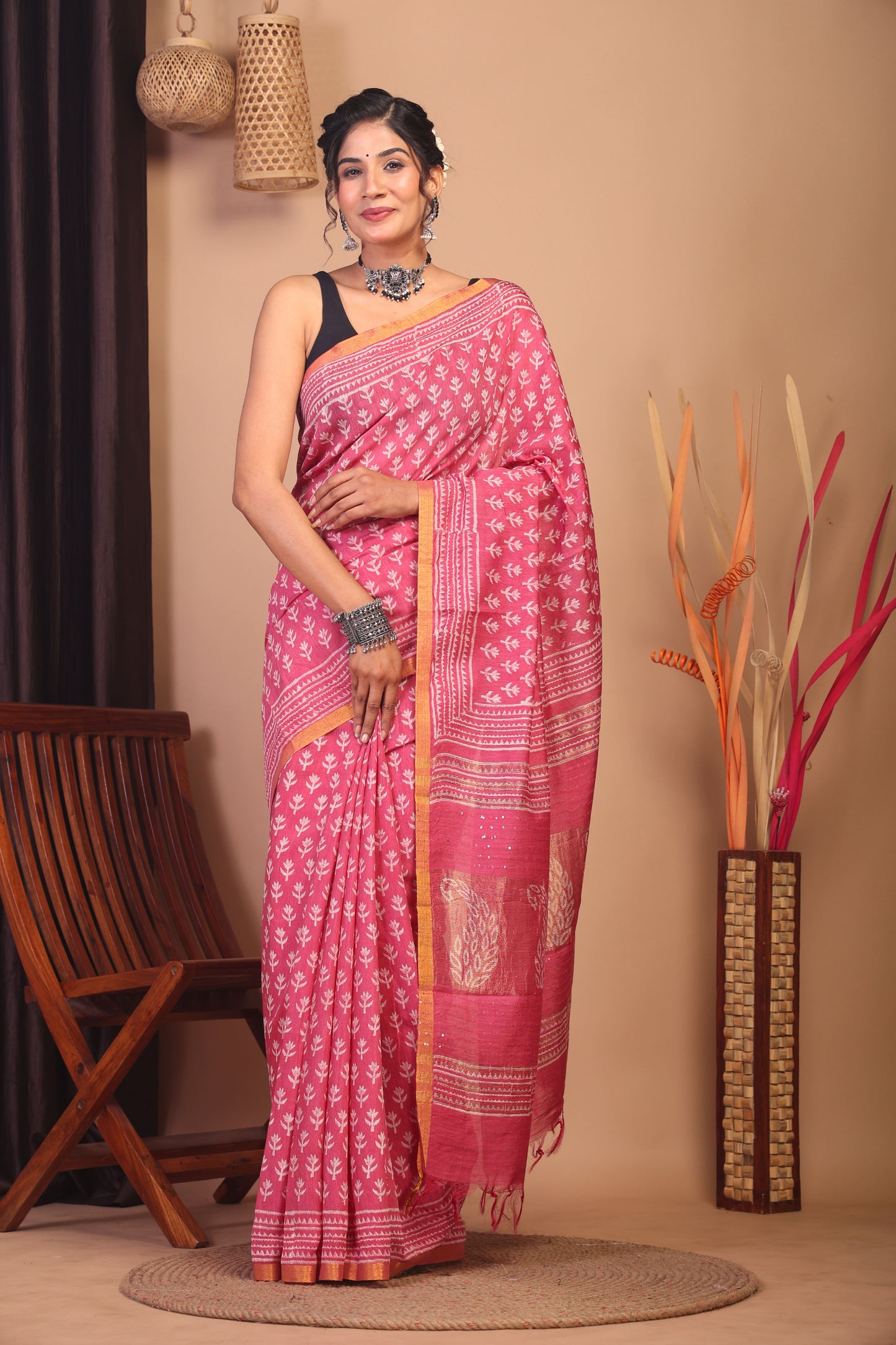 Anuttara Bhagalpuri Rouge Pink Cotton Silk Floral Saree with Unstitched Blouse_AFS1157-FS