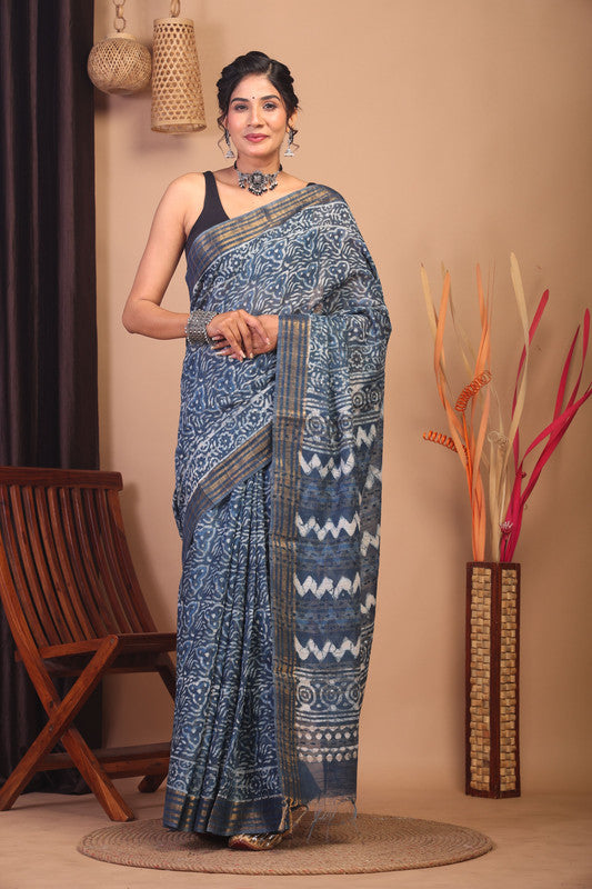 Anuttara Bhagalpuri Stone Blue Cotton Silk Tribal Saree with Unstitched Blouse_AFS1158-FS