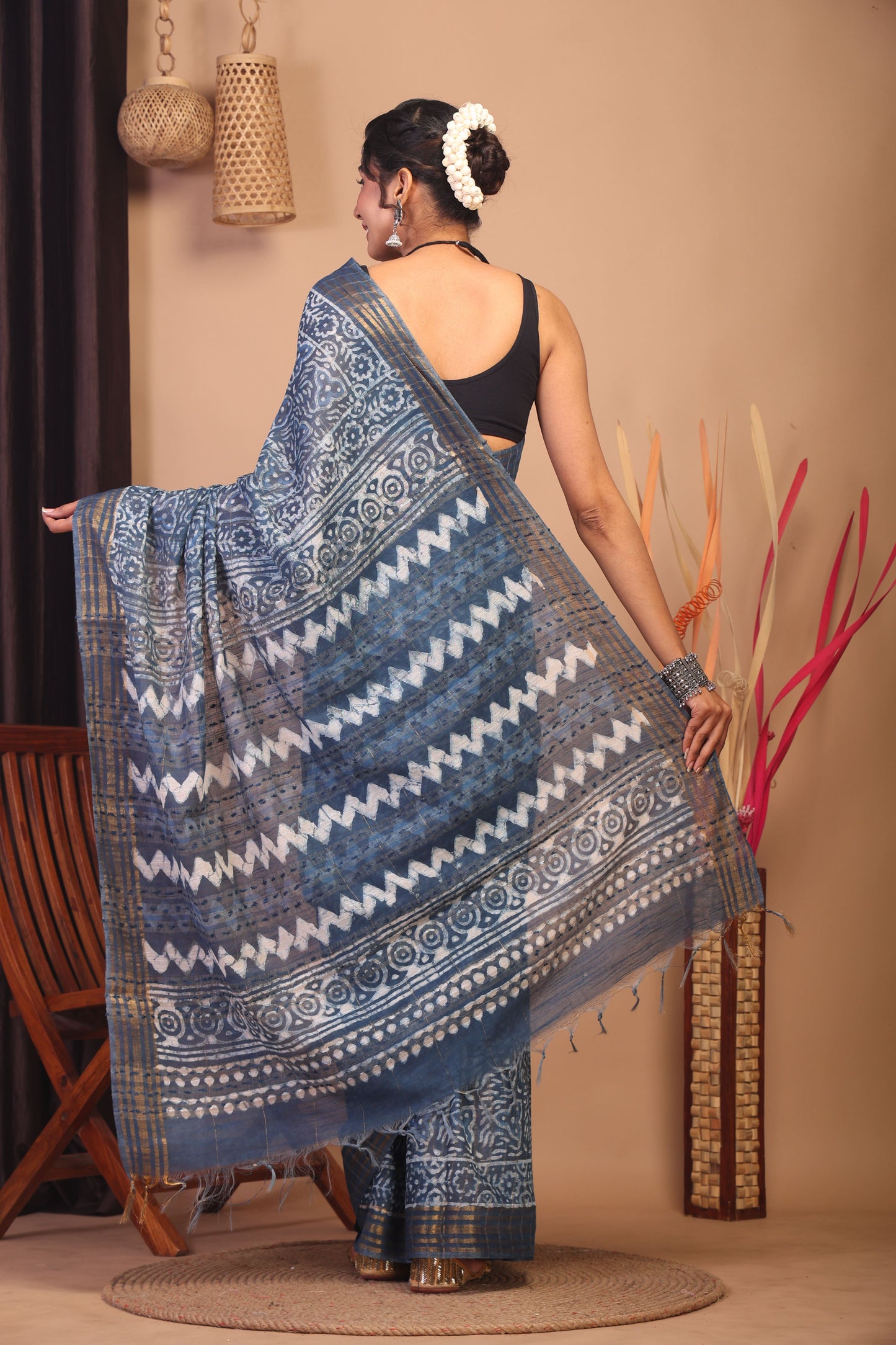 Anuttara Bhagalpuri Stone Blue Cotton Silk Tribal Saree with Unstitched Blouse_AFS1158-FS