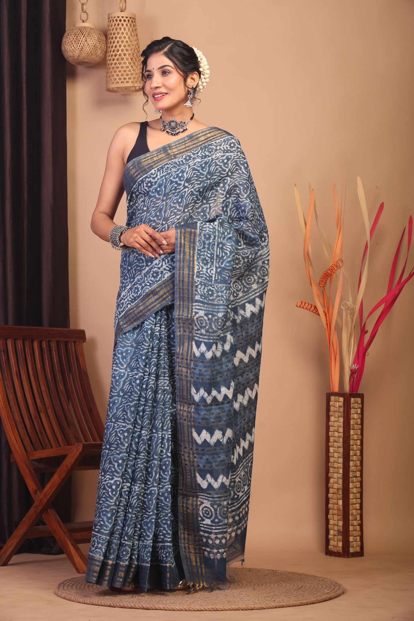 Anuttara Bhagalpuri Stone Blue Cotton Silk Tribal Saree with Unstitched Blouse_AFS1158-FS