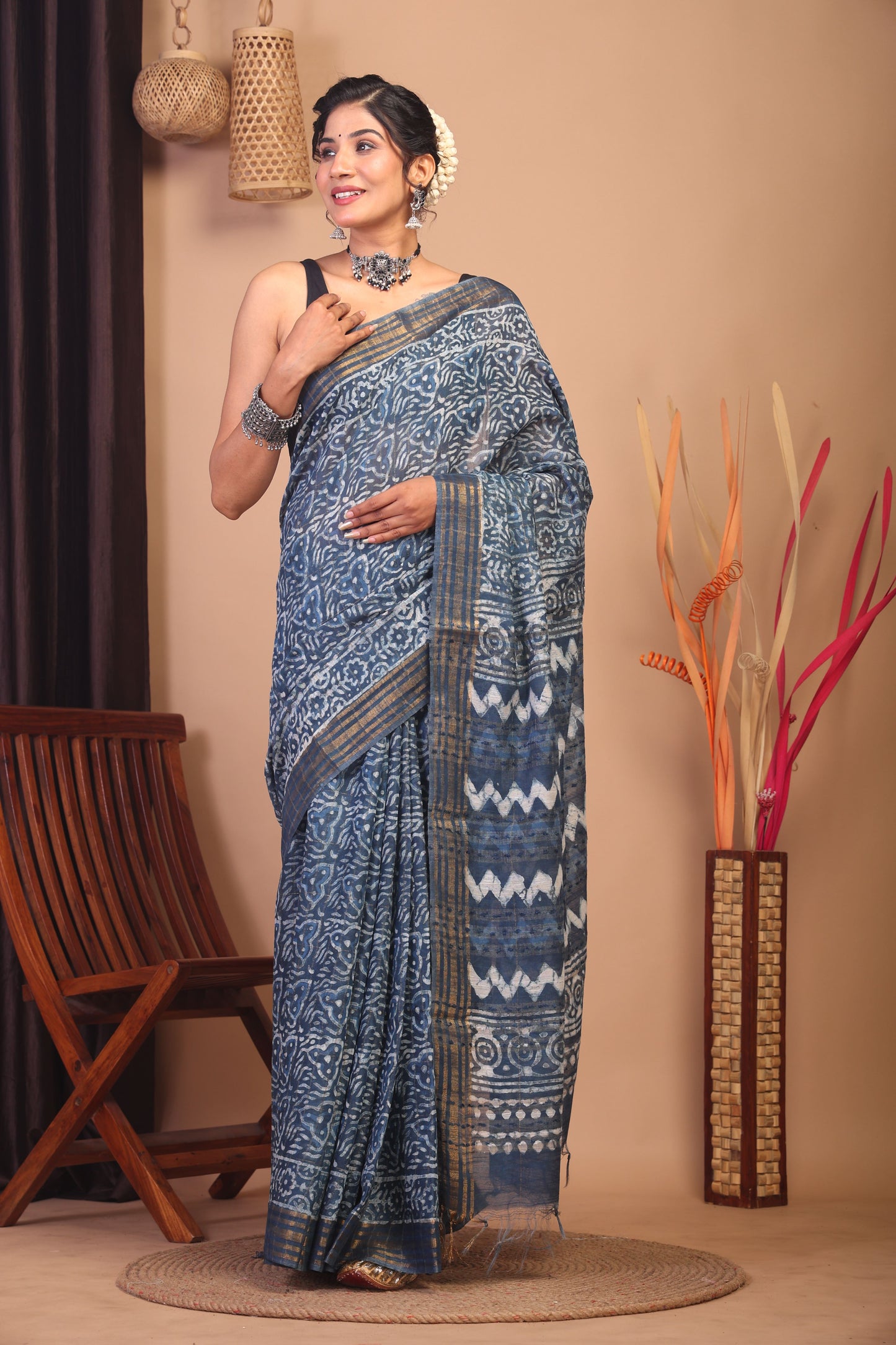 Anuttara Bhagalpuri Stone Blue Cotton Silk Tribal Saree with Unstitched Blouse_AFS1158-FS