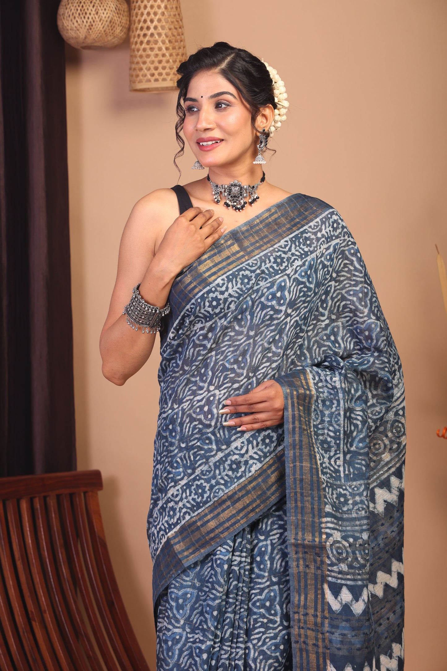 Anuttara Bhagalpuri Stone Blue Cotton Silk Tribal Saree with Unstitched Blouse_AFS1158-FS