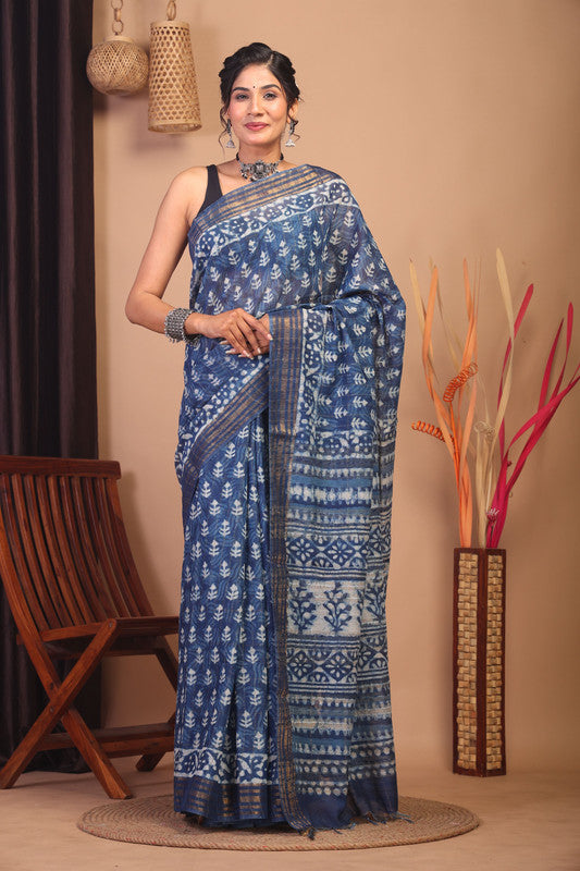 Anuttara Bhagalpuri Indigo Blue Cotton Silk Floral Saree with Unstitched Blouse_AFS1159-FS
