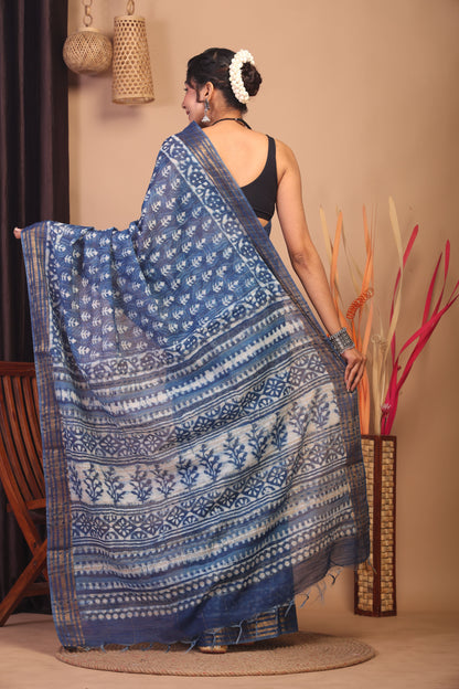 Anuttara Bhagalpuri Indigo Blue Cotton Silk Floral Saree with Unstitched Blouse_AFS1159-FS