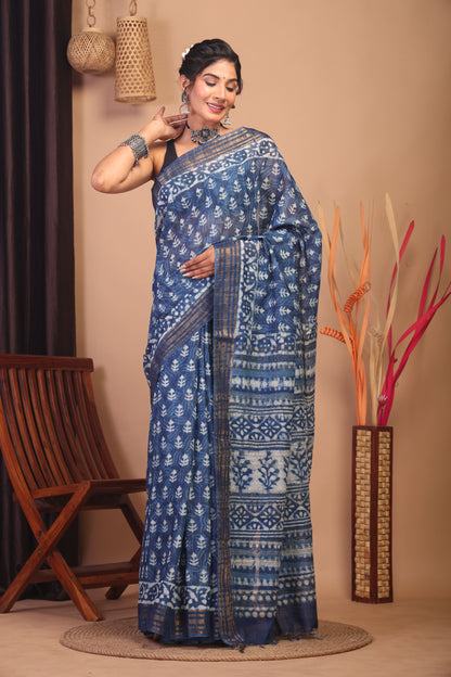 Anuttara Bhagalpuri Indigo Blue Cotton Silk Floral Saree with Unstitched Blouse_AFS1159-FS