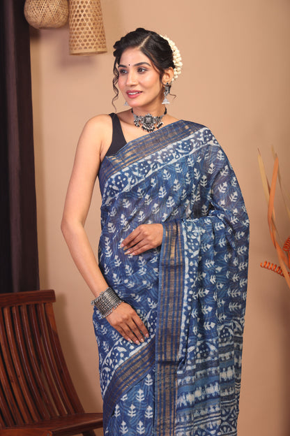 Anuttara Bhagalpuri Indigo Blue Cotton Silk Floral Saree with Unstitched Blouse_AFS1159-FS