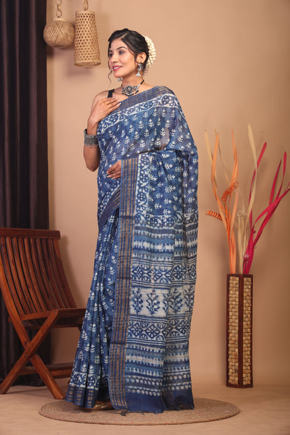 Anuttara Bhagalpuri Indigo Blue Cotton Silk Floral Saree with Unstitched Blouse_AFS1159-FS