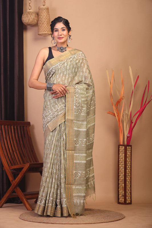Anuttara Bhagalpuri Olive Green Cotton Silk Floral/Stripe Saree with Unstitched Blouse_AFS1160-FS