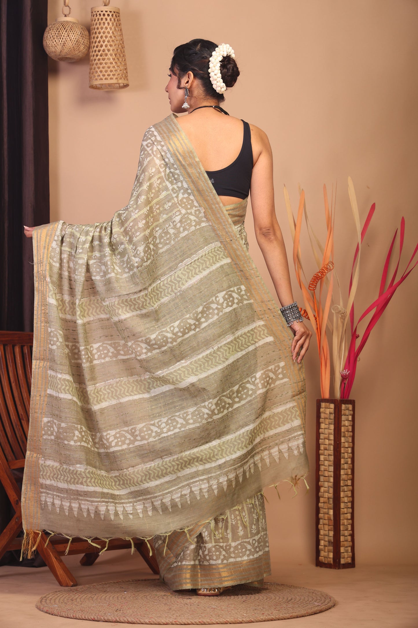 Anuttara Bhagalpuri Olive Green Cotton Silk Floral/Stripe Saree with Unstitched Blouse_AFS1160-FS