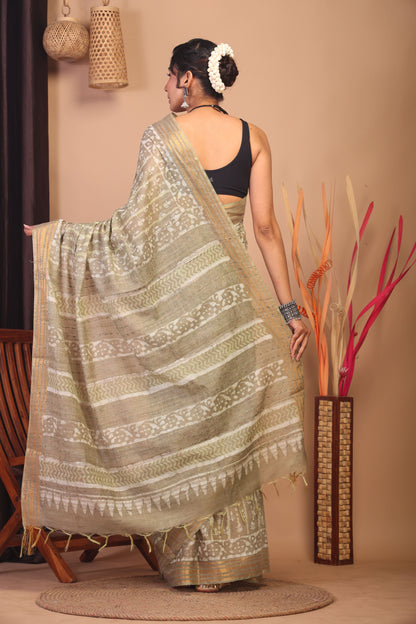 Anuttara Bhagalpuri Olive Green Cotton Silk Floral/Stripe Saree with Unstitched Blouse_AFS1160-FS