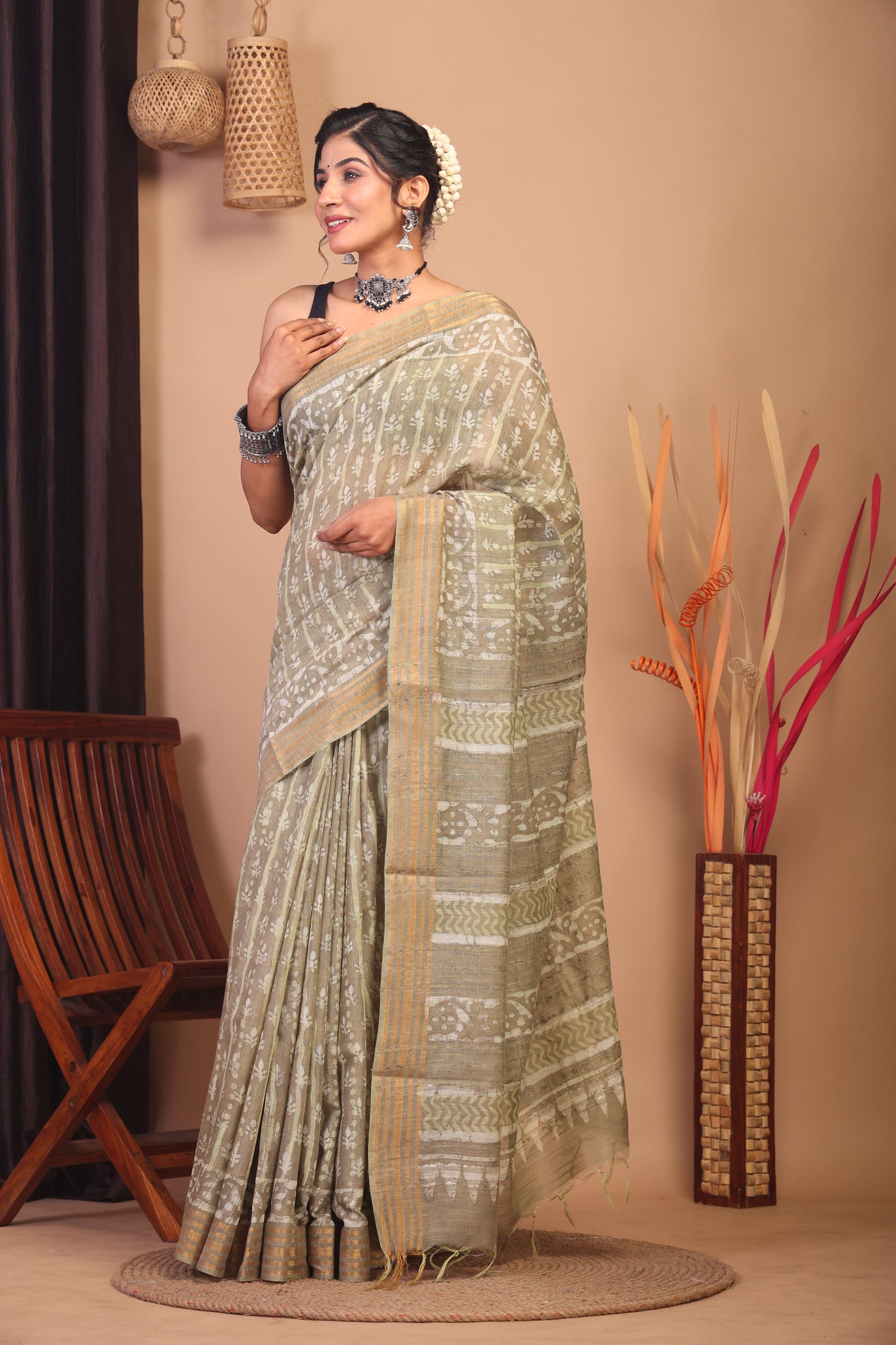 Anuttara Bhagalpuri Olive Green Cotton Silk Floral/Stripe Saree with Unstitched Blouse_AFS1160-FS