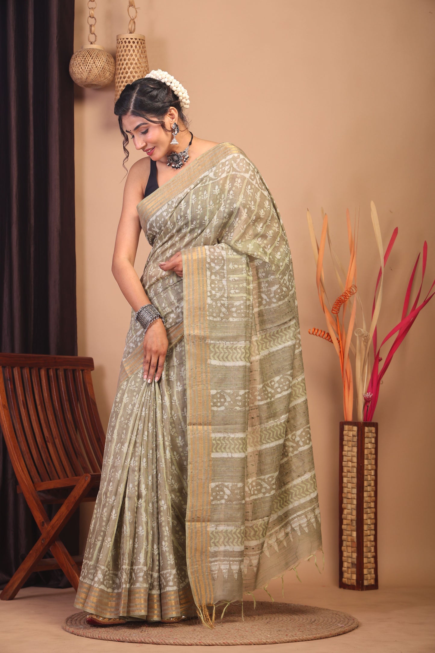 Anuttara Bhagalpuri Olive Green Cotton Silk Floral/Stripe Saree with Unstitched Blouse_AFS1160-FS