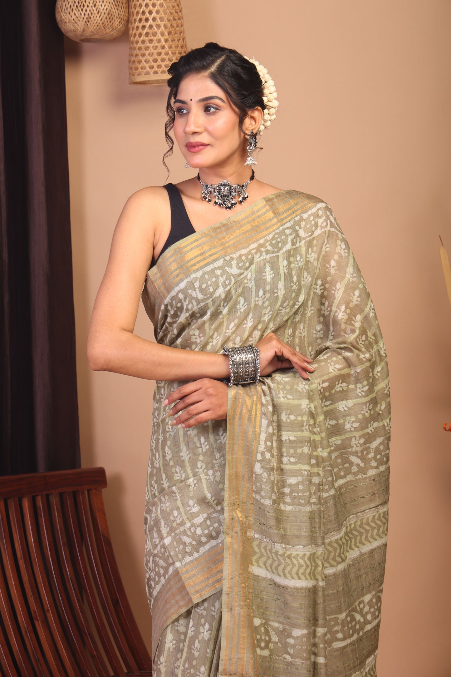 Anuttara Bhagalpuri Olive Green Cotton Silk Floral/Stripe Saree with Unstitched Blouse_AFS1160-FS