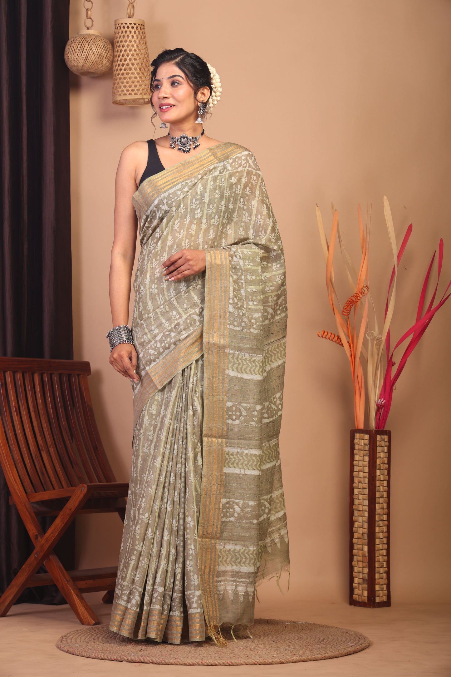 Anuttara Bhagalpuri Olive Green Cotton Silk Floral/Stripe Saree with Unstitched Blouse_AFS1160-FS