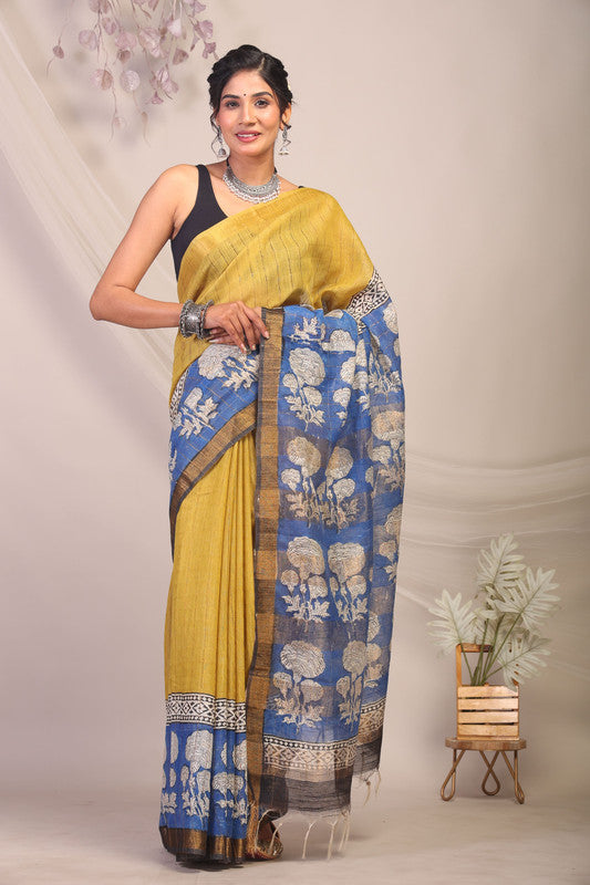 Anuttara Bhagalpuri Olive Green & Blue Cotton Silk Floral Saree with Unstitched Blouse_AFS1161-FS