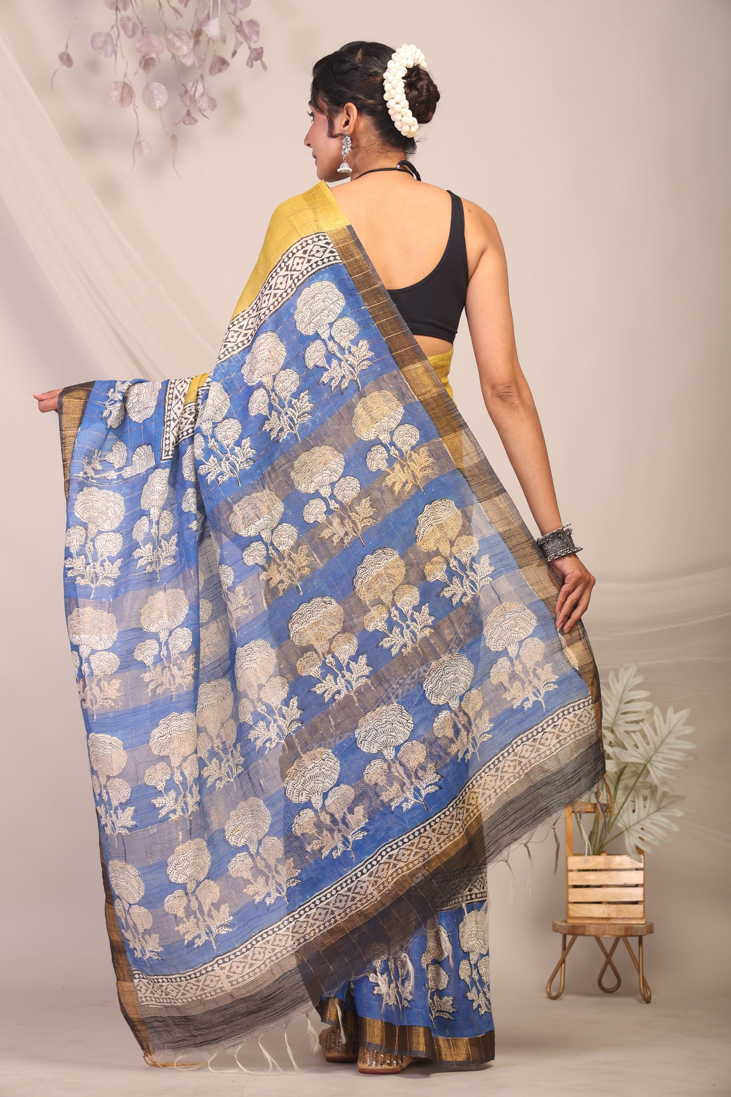 Anuttara Bhagalpuri Olive Green & Blue Cotton Silk Floral Saree with Unstitched Blouse_AFS1161-FS