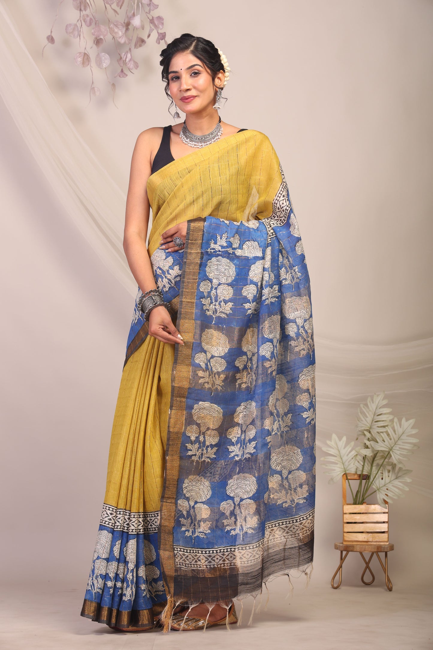 Anuttara Bhagalpuri Olive Green & Blue Cotton Silk Floral Saree with Unstitched Blouse_AFS1161-FS