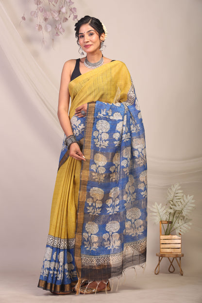 Anuttara Bhagalpuri Olive Green & Blue Cotton Silk Floral Saree with Unstitched Blouse_AFS1161-FS