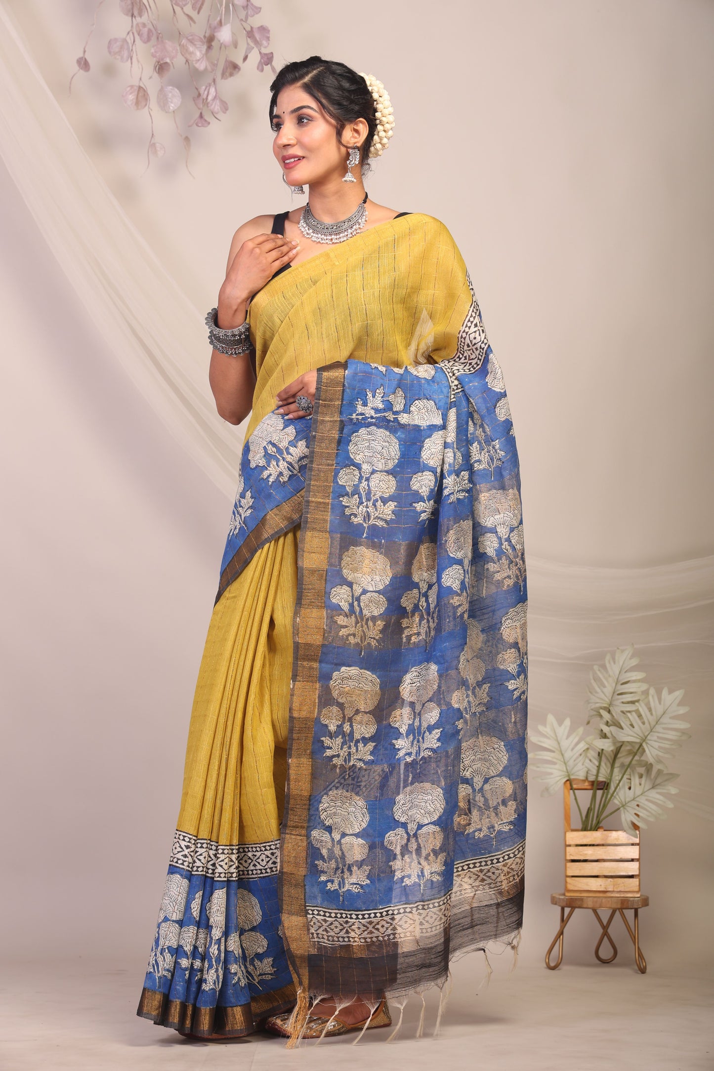 Anuttara Bhagalpuri Olive Green & Blue Cotton Silk Floral Saree with Unstitched Blouse_AFS1161-FS
