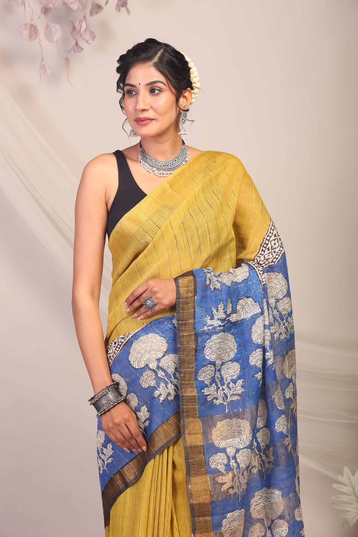 Anuttara Bhagalpuri Olive Green & Blue Cotton Silk Floral Saree with Unstitched Blouse_AFS1161-FS