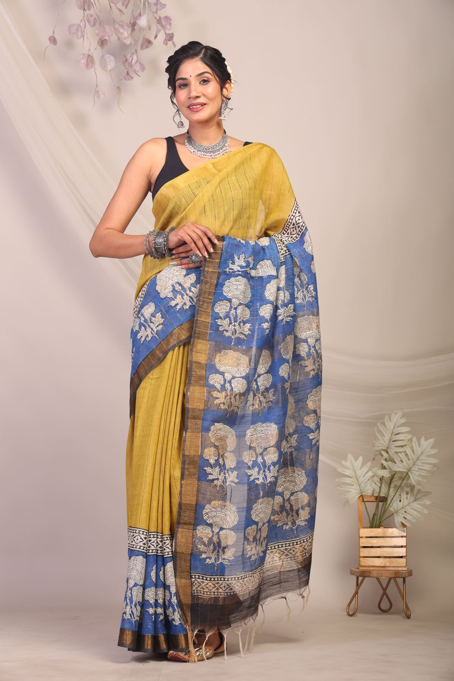 Anuttara Bhagalpuri Olive Green & Blue Cotton Silk Floral Saree with Unstitched Blouse_AFS1161-FS