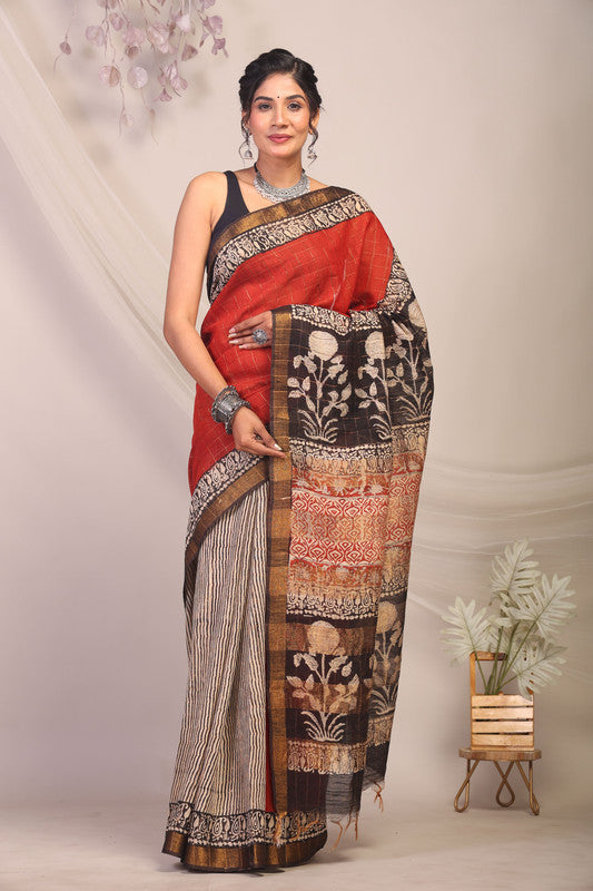 Anuttara Bhagalpuri Multicolor Cotton Silk Stripe/Check/Floral Saree with Unstitched Blouse_AFS1162-FS