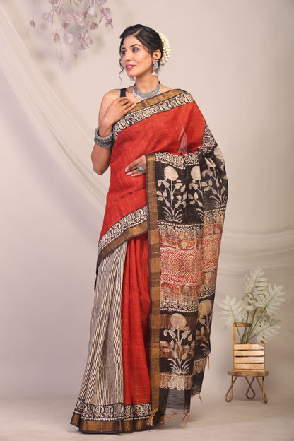 Anuttara Bhagalpuri Multicolor Cotton Silk Stripe/Check/Floral Saree with Unstitched Blouse_AFS1162-FS