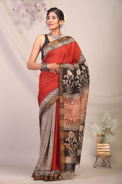 Anuttara Bhagalpuri Multicolor Cotton Silk Stripe/Check/Floral Saree with Unstitched Blouse_AFS1162-FS