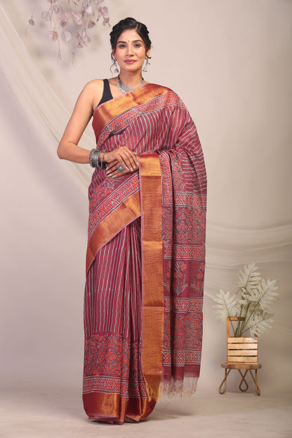 Anuttara Bhagalpuri Maroon Cotton Silk Stripe/Ajrakh Saree with Unstitched Blouse_AFS1163-FS