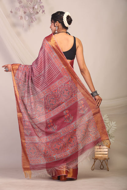 Anuttara Bhagalpuri Maroon Cotton Silk Stripe/Ajrakh Saree with Unstitched Blouse_AFS1163-FS