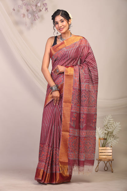 Anuttara Bhagalpuri Maroon Cotton Silk Stripe/Ajrakh Saree with Unstitched Blouse_AFS1163-FS