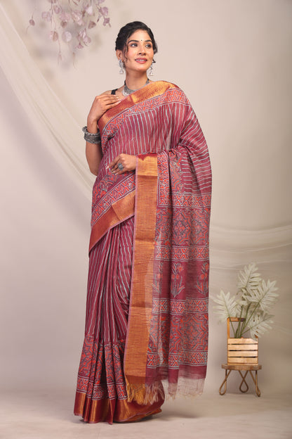 Anuttara Bhagalpuri Maroon Cotton Silk Stripe/Ajrakh Saree with Unstitched Blouse_AFS1163-FS