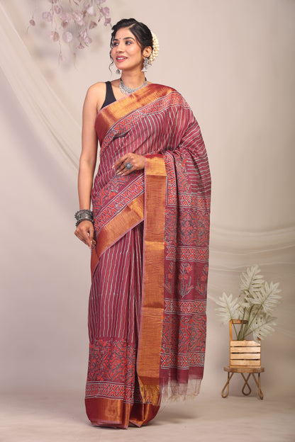 Anuttara Bhagalpuri Maroon Cotton Silk Stripe/Ajrakh Saree with Unstitched Blouse_AFS1163-FS