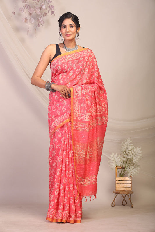 Anuttara Bhagalpuri Pink Cotton Silk Paisley/Floral Saree with Unstitched Blouse_AFS1164-FS