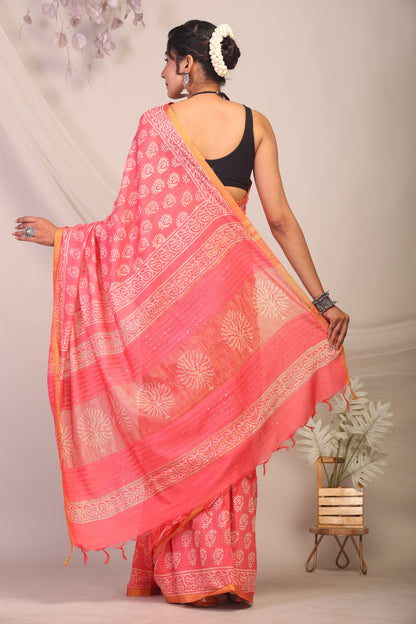 Anuttara Bhagalpuri Pink Cotton Silk Paisley/Floral Saree with Unstitched Blouse_AFS1164-FS