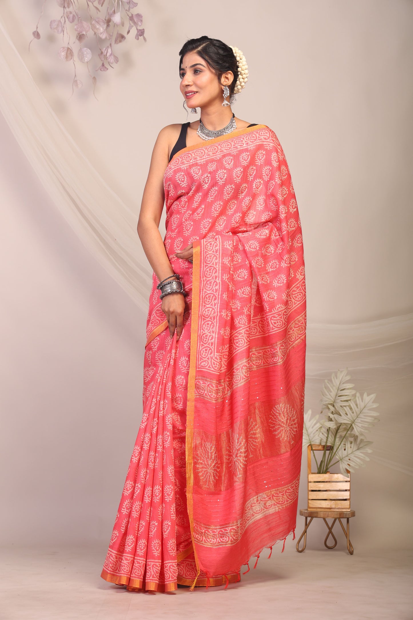 Anuttara Bhagalpuri Pink Cotton Silk Paisley/Floral Saree with Unstitched Blouse_AFS1164-FS