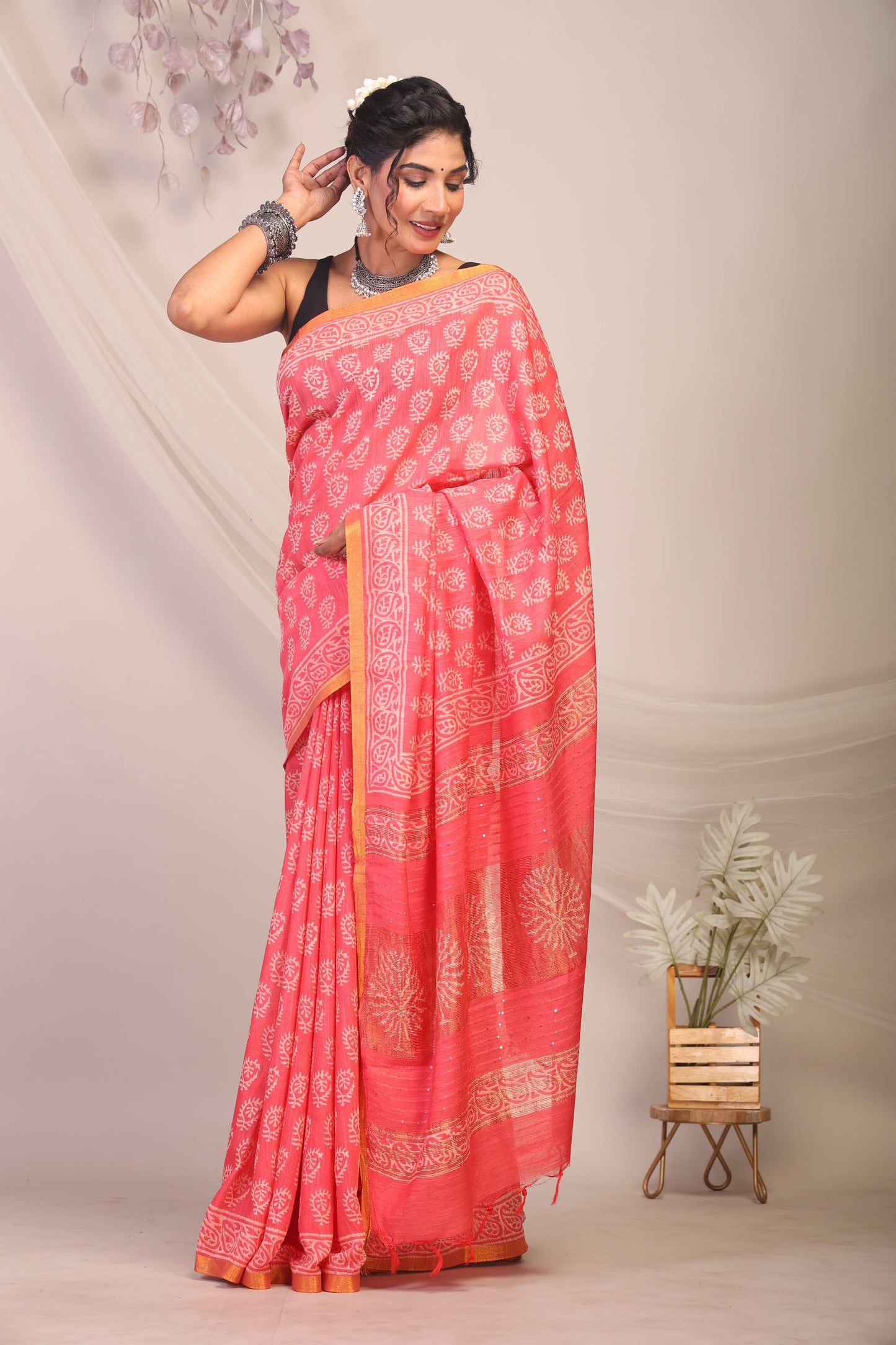 Anuttara Bhagalpuri Pink Cotton Silk Paisley/Floral Saree with Unstitched Blouse_AFS1164-FS