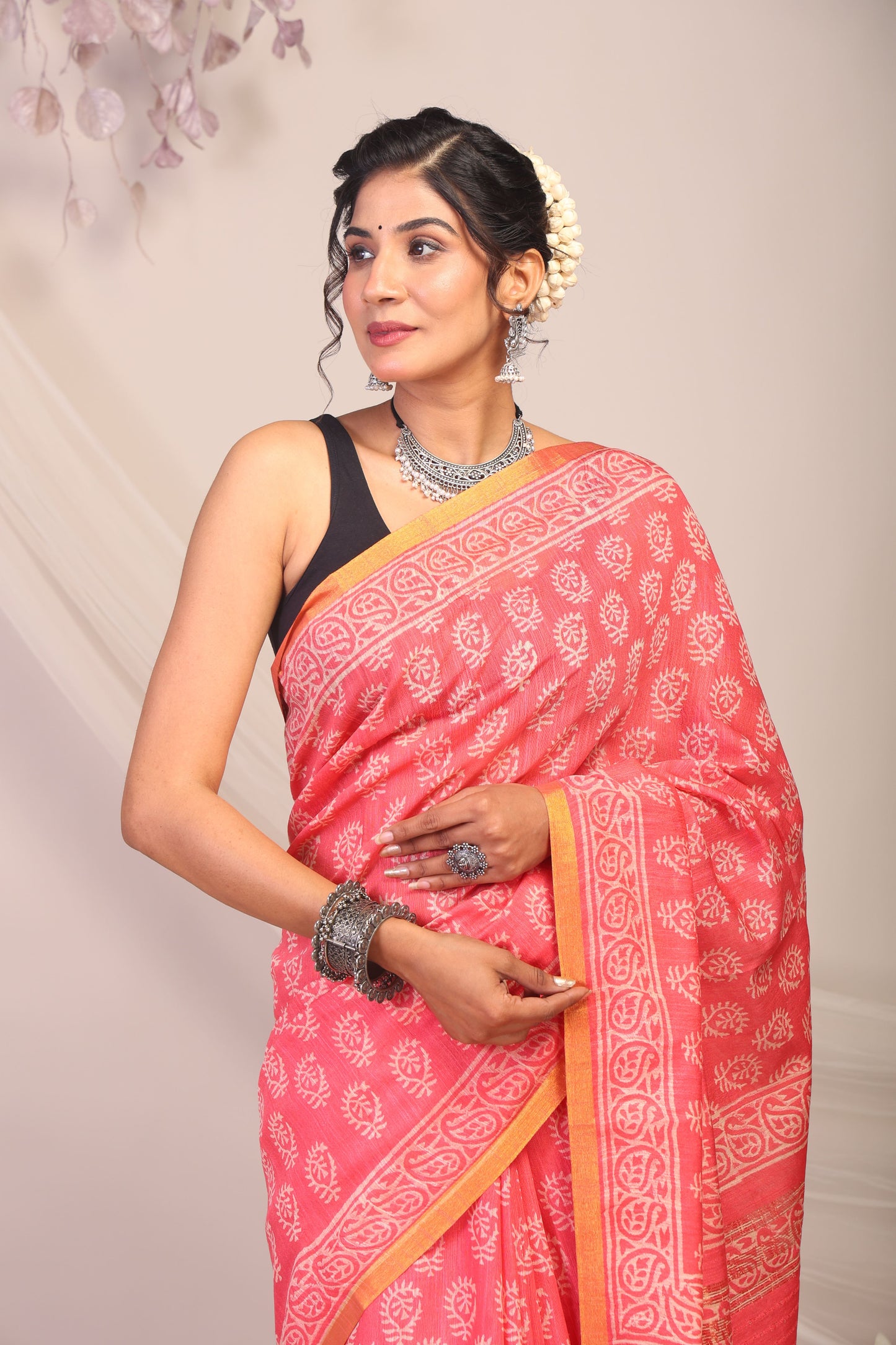 Anuttara Bhagalpuri Pink Cotton Silk Paisley/Floral Saree with Unstitched Blouse_AFS1164-FS