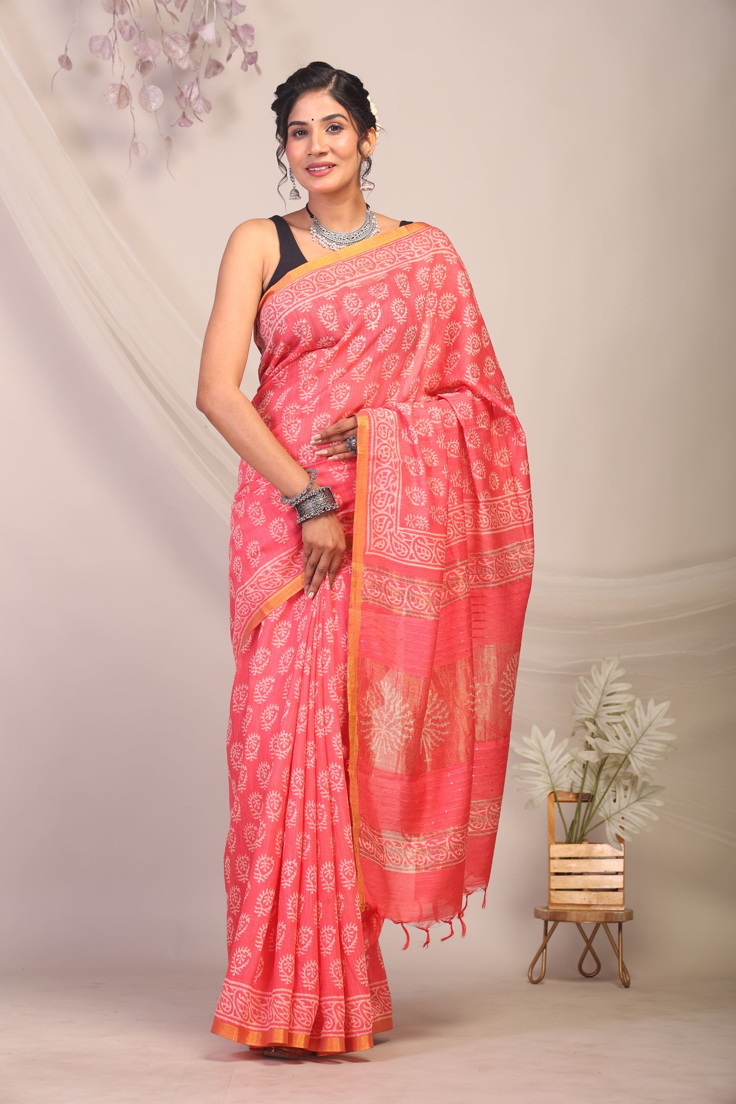Anuttara Bhagalpuri Pink Cotton Silk Paisley/Floral Saree with Unstitched Blouse_AFS1164-FS